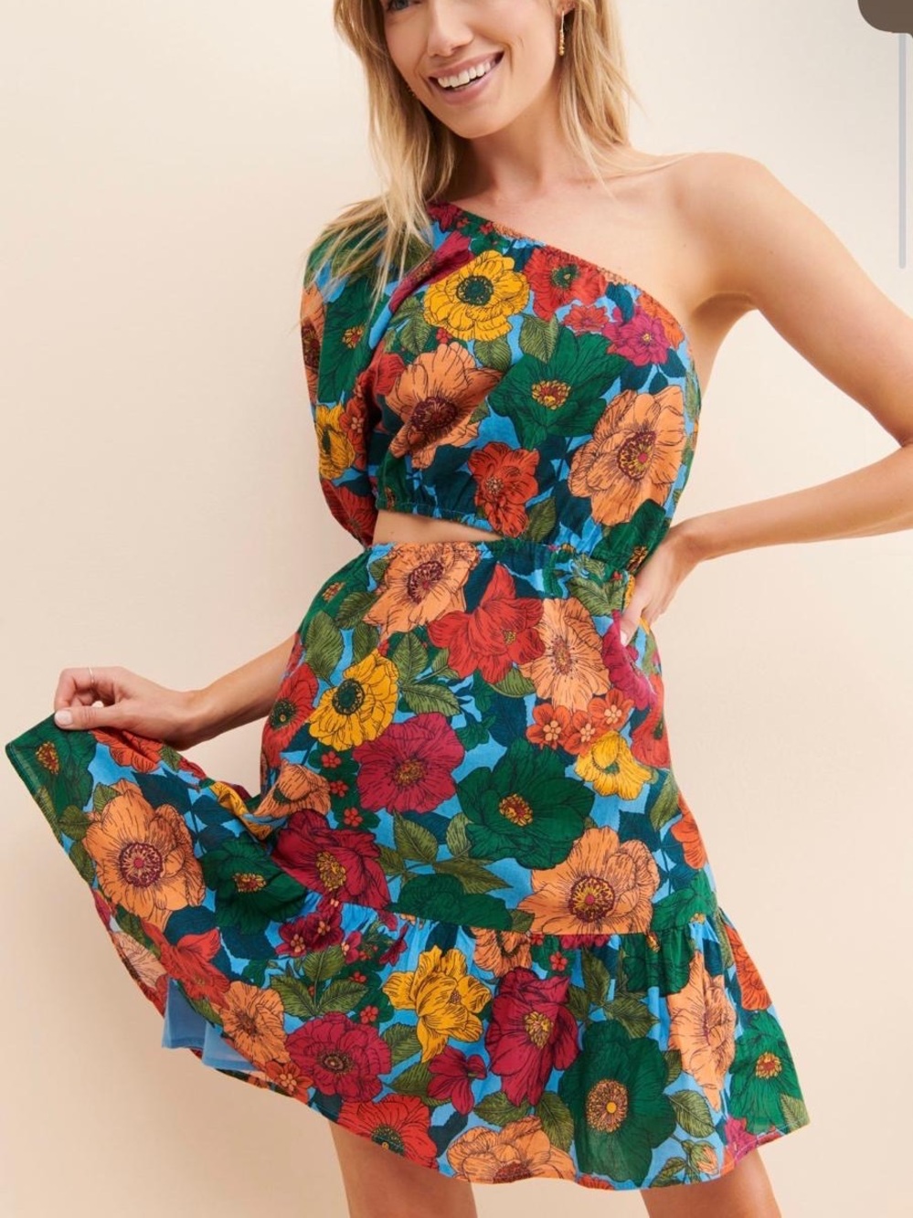 One-Shoulder Floral Mini Dress in Green Multi